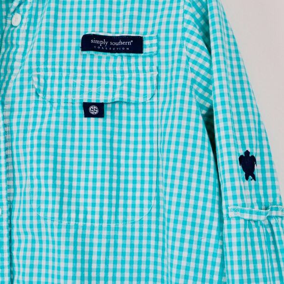 Simply Southern Size M Long Sleeve Button Up Shirt Gingham Check Teal - Picture 5 of 11